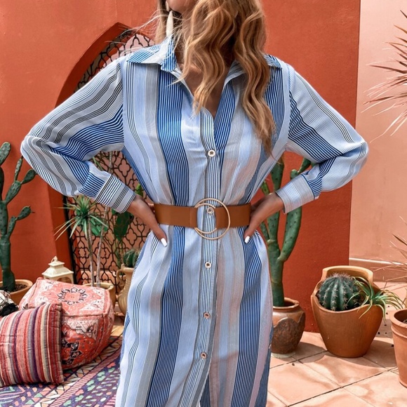 Boho Blue Striped Button up Belted Shirt Dress - Picture 3 of 5